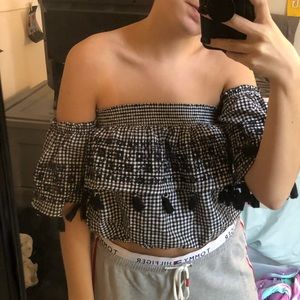 AE Off The Shoulder Black and White Flannel Blouse